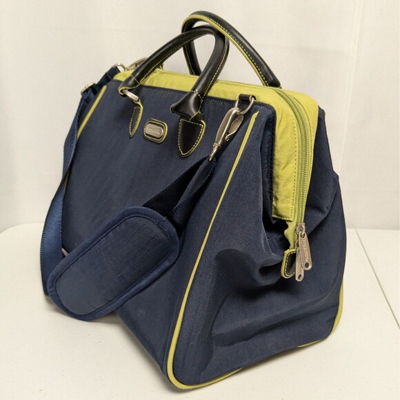 Baggallini Soho-Style Duffel Weekender Tote Bag Navy Blue Green Trim - Picture 3 of 13